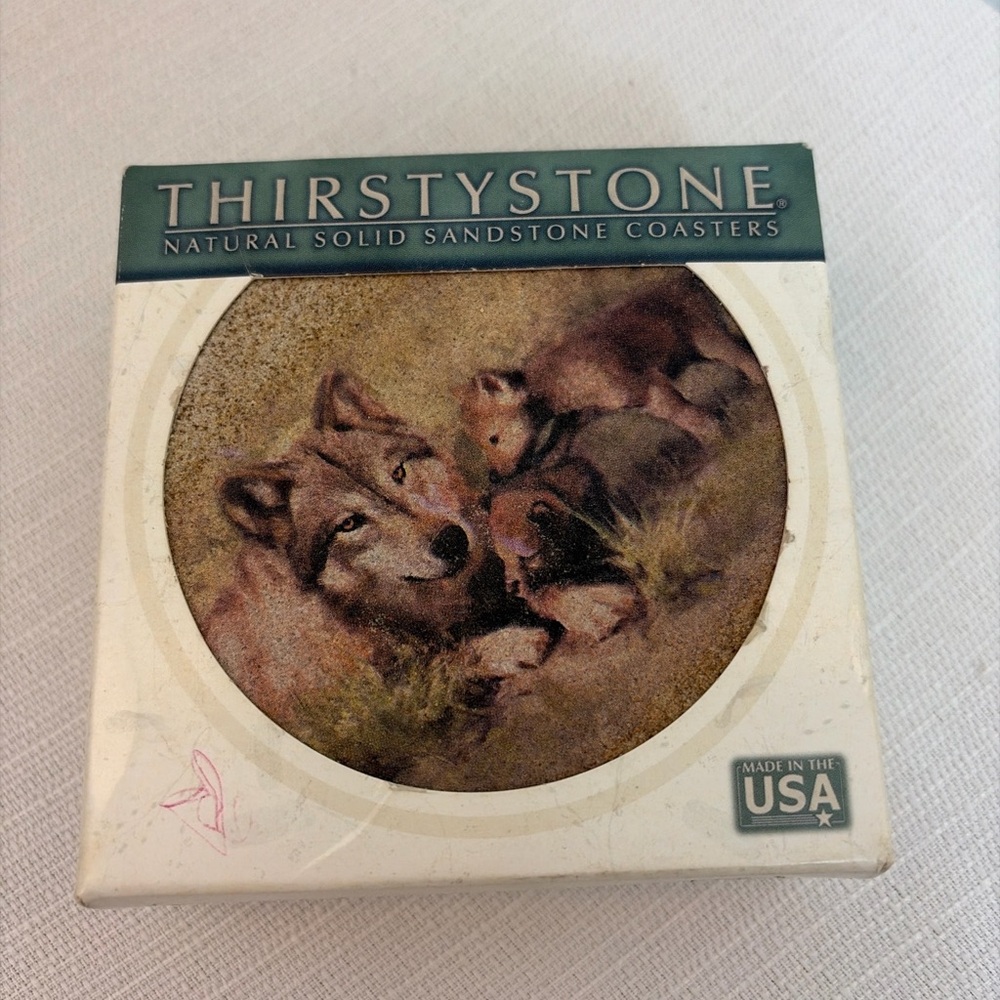 Coasters Set of 4 Wolves Thirstystone Natural Sandstone – Made in USA(F89)✨✨